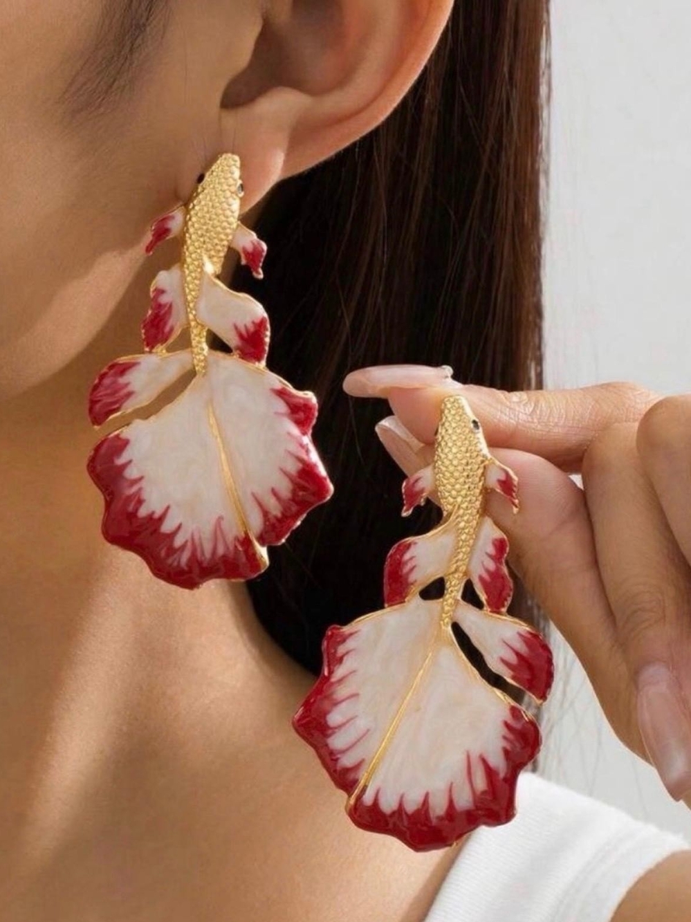 Anthropologie Gold Koi Fish Earrings with White and Red Enamel